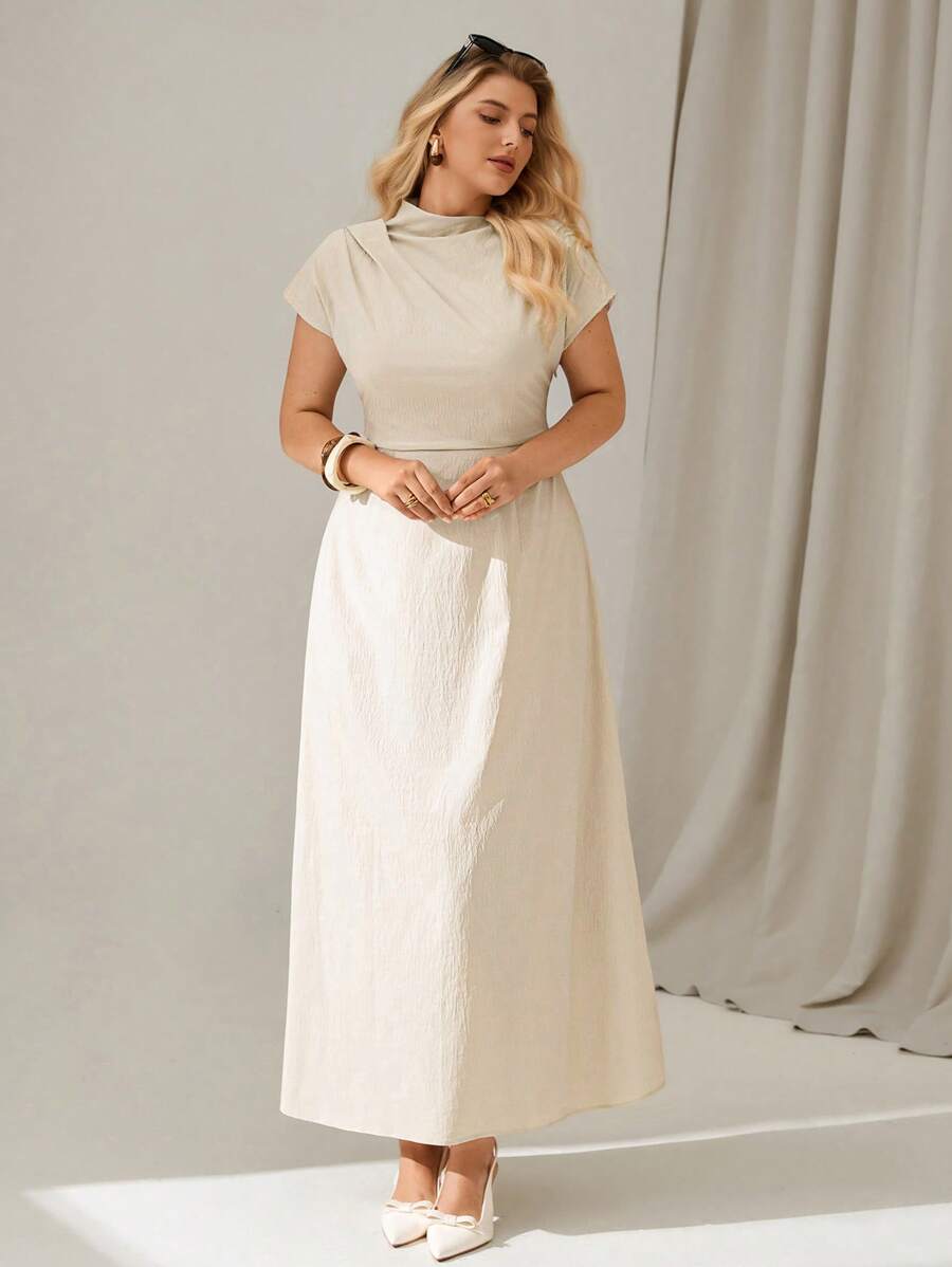 Auralis Damen Große Größen Sommer V-Ausschnitt plissiertes Fledermausärmel Elegant Kleid - Aprikosenfarben - Übersicht 1