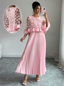Elenzga Women's 3D Floral Mesh Patchwork Dress, Suitable For Wedding, Birthday Party, And Other Occasions, Autumn - Pink - View 5
