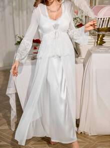 SHEIN Luxury 3D Lace Trim Robe And Nightgown Set, White Robe Wedding Pajamas For Woman, Bride Robe Set - White - View 7