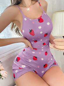Eraneu 浪漫夏日草莓、心形和雏菊印花女士睡衣连体裤 - 淺灰紫 - 查看 6