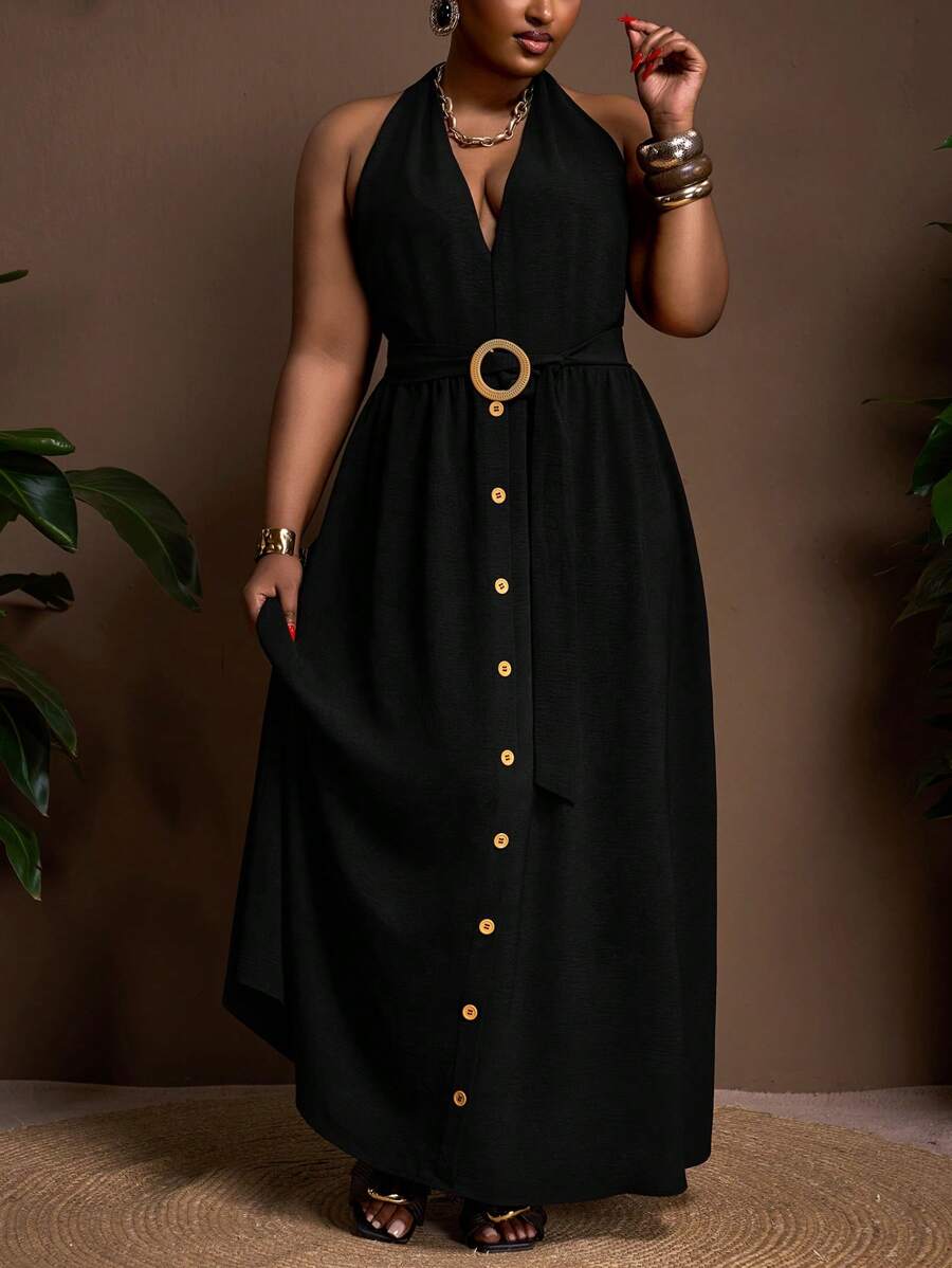 Veslaya 2025 春夏新款时尚休闲度假、日常外出、优雅通勤性感黑色纯色宽松无袖深 V 领露背系带前腰带圆扣装饰编织纹理面料女式大码长裙 - 黑色 - 查看 1