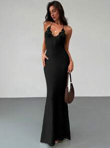 Aloruh Apricot Backless Halter Bodycon Dress With 3D Flower Summer Knit Texture, For Romantic Date Vacation - Black - View 3