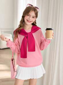 青少年女孩圆领长袖宽松休闲运动衫 - 玫紅色 - 查看 1