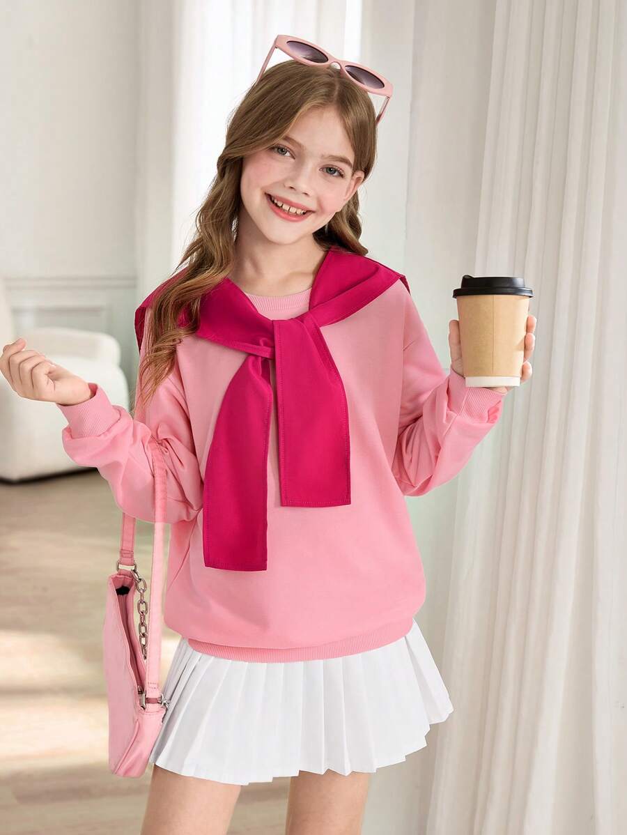 青少年女孩圆领长袖宽松休闲运动衫 - 玫紅色 - 查看 1