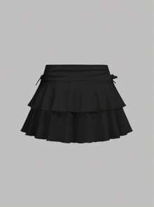 Girlism 2 件套青少年女孩时尚休闲简约褶皱腰 A 字裙黑白，音乐会青少年荷叶边裙青少年女孩裙子套装荷叶边短裙短裤内搭多层荷叶边短裙 - 黑與白 - 查看 7