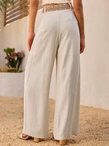DAZY 女式腰带亮片撞色亚麻宽松裤，度假装波西米亚风女式阔腿裤，夏季阔腿裤度假裤女式绣花裤，返校服，教师裤 - 米色 - 查看 4