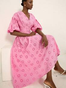 Aveloria Rosie 精致刺绣灯笼袖连衣裙，V领，收腰设计，优雅别致的连衣裙，百搭 - 粉色 - 查看 1