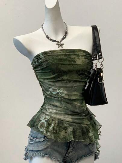 SHEIN EZwear Summer Y2k  Vintage  Grunge Graphic Printed Mesh Bandeau Top For Women Floral Tube Top