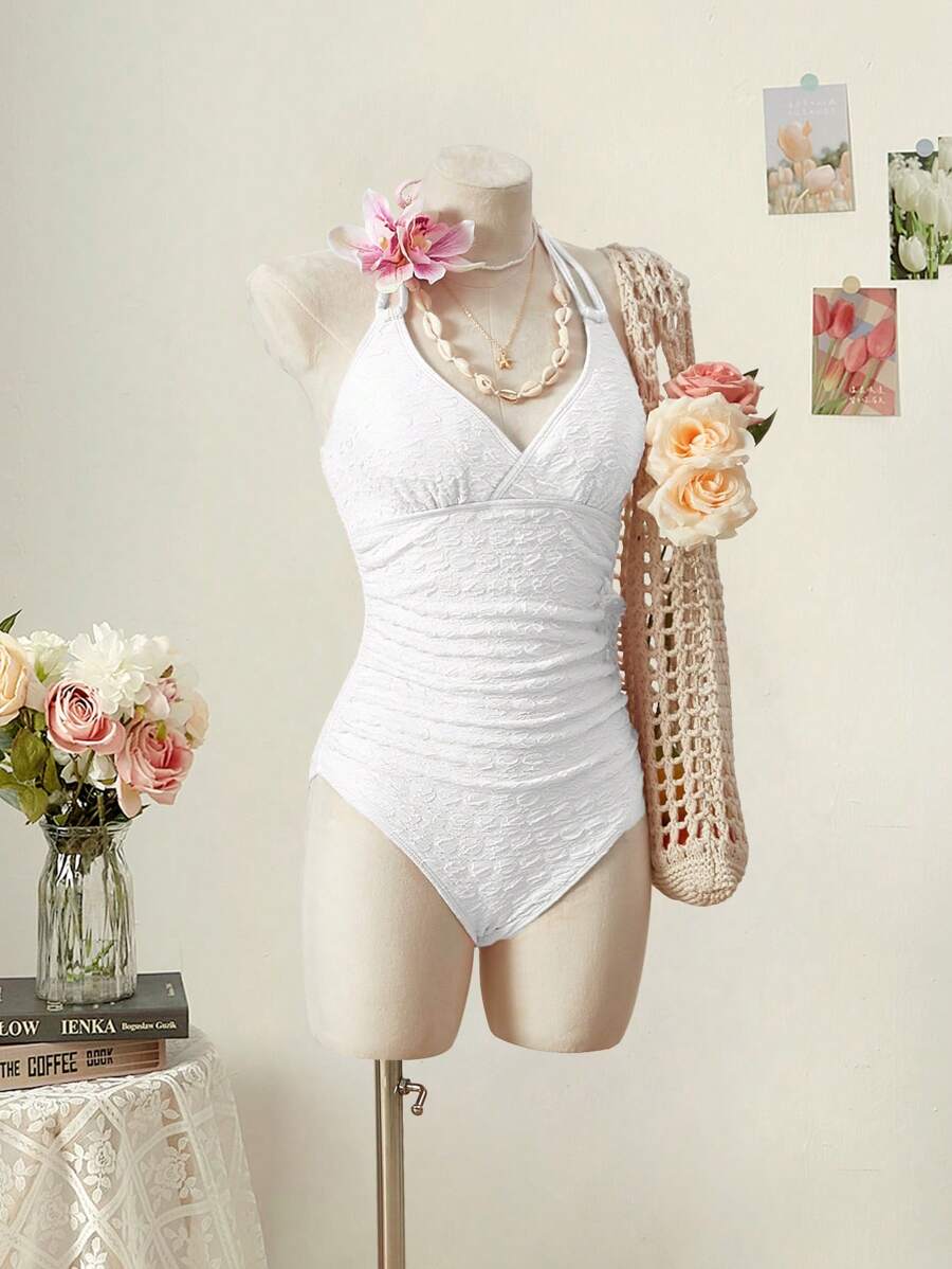 SHEIN MOD Traje de baño de una pieza con cuello atado, cintura recogida y tejido jacquard para la playa, vacaciones y spa - Blanco - Ver 1