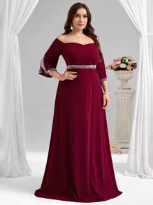 Coutiva Vestido de noche formal de talla grande con hombros descubiertos, cintura ceñida, abertura y decoración de cristales (estilo muy adornado)