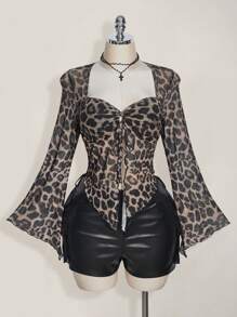 SHEIN ICON 加大码豹纹系带喇叭袖性感方领衬衫 - 彩色 - 查看 3