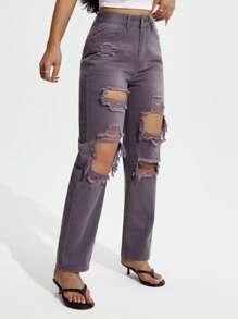 SHEIN EZwear 女式休闲纯色做旧磨边直筒牛仔裤 - 灰色 - 查看 7