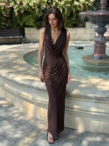 Aloruh 全新时尚弹力修身喇叭领性感深 V 收腰超长网眼拼接礼服，适合晚会/鸡尾酒会 - 棕色 - 查看 8