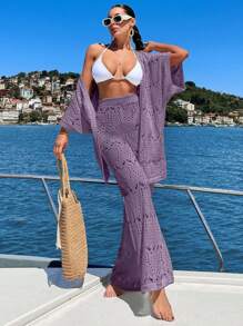 EURMUSE 女士 Vcay 钩针针织七分袖和服及裤子罩衫套装 - 紫丁香色 - 查看 3