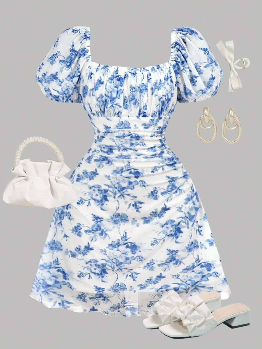 Girlism 少女春夏/情人节/ 蓝白碎花连衣裙/度假/假日/复古/海滩/大海/优雅/女童连衣裙/波西米亚风/波西米亚服饰/女童太阳裙 - 藍白色 - 查看 1
