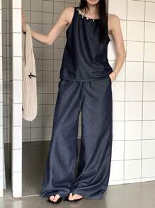 DAZY Women's Summer Bohemian Sequined Patchwork Sleeveless Top And Loose Casual Wide Leg Pants 2 Pieces Suit, Vacation Style