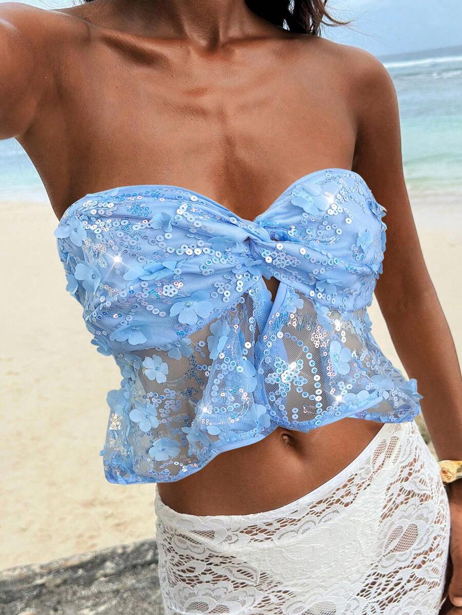 Opulessa Áo crop top xoắn trang trí applique cho nữ, gợi cảm/khoe vòng eo - Màu xanh lam - Xem 1