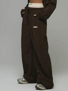 Musera Sport 宽腿尼龙松紧腰带标志直筒裤，适合板网球、网球、泡菜球健身房健身