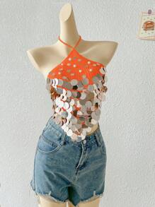SHEIN SunnyBelle 性感百搭度假风串珠吊带针织上衣 - 橘色 - 查看 4