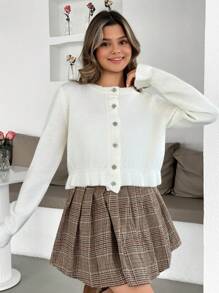 EURMUSE Elegant Crew Round Neck Ruffle Hem And Cuff Solid Color Brushed Yarn Balloon Sleeve Button Cozy Office Chic Cardigan For Fall Winter White Cardigan Sweater Cropped White Cardigan Fall Women Back To School Y2K,Long Cardigans Woman,Petite Cardigans,Cardigans - White - View 3