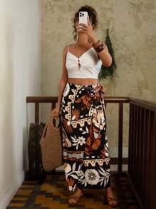 Travachic Plus Size Women's Black Print Long Wrap Tie Waist Bowknot Boho Beach Maxi Skirt Vacation Vacay Beach Holidays Summers City Breaks Boho Chic Boho Style European Summer Island Vacations Honeymoons Birthday Old Money South Beach Santorini Greece Amalfi Coasts Ibiza Island Girl Plus Brunch Airport Club - Black - View 5