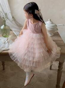 Dazy Kids Young Girls Round Neck Sleeveless Mesh Patchwork Summer Dress - Pink - View 7