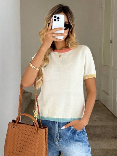 Easowa Women's Thin Contrast Color Collar Short Sleeve Sweater