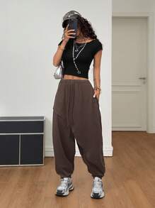 Coolane Women's & Men's Summer Streetwear Casual Sport Hip-Hop Vintage Comfortable Multi-Pleat Crotch Pants - Brown - View 2