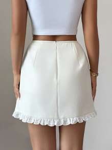 SHEIN Clasi تنورة صيفية نسائية قصيرة على شكل أحرف A مع شريط دانتيل وتصميم ربطة فيونكة الخصر - لون مشمشي - مشاهدة 2