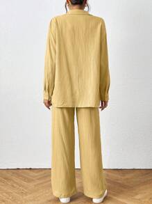 SHEIN PETITE 2 件套女式纯色长袖单排扣衬衫和裤子，休闲西装套装 - 黃色 - 查看 2