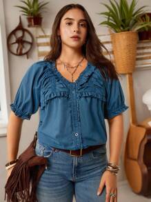 SHEIN LUNE Plus Size Women Slouchy Casual Style Summer Fourth Of July Women Cozy Fit Sweet Blouse Holiday Teacher Boho Graduation Blouse Beach Vacation - Blue - View 1