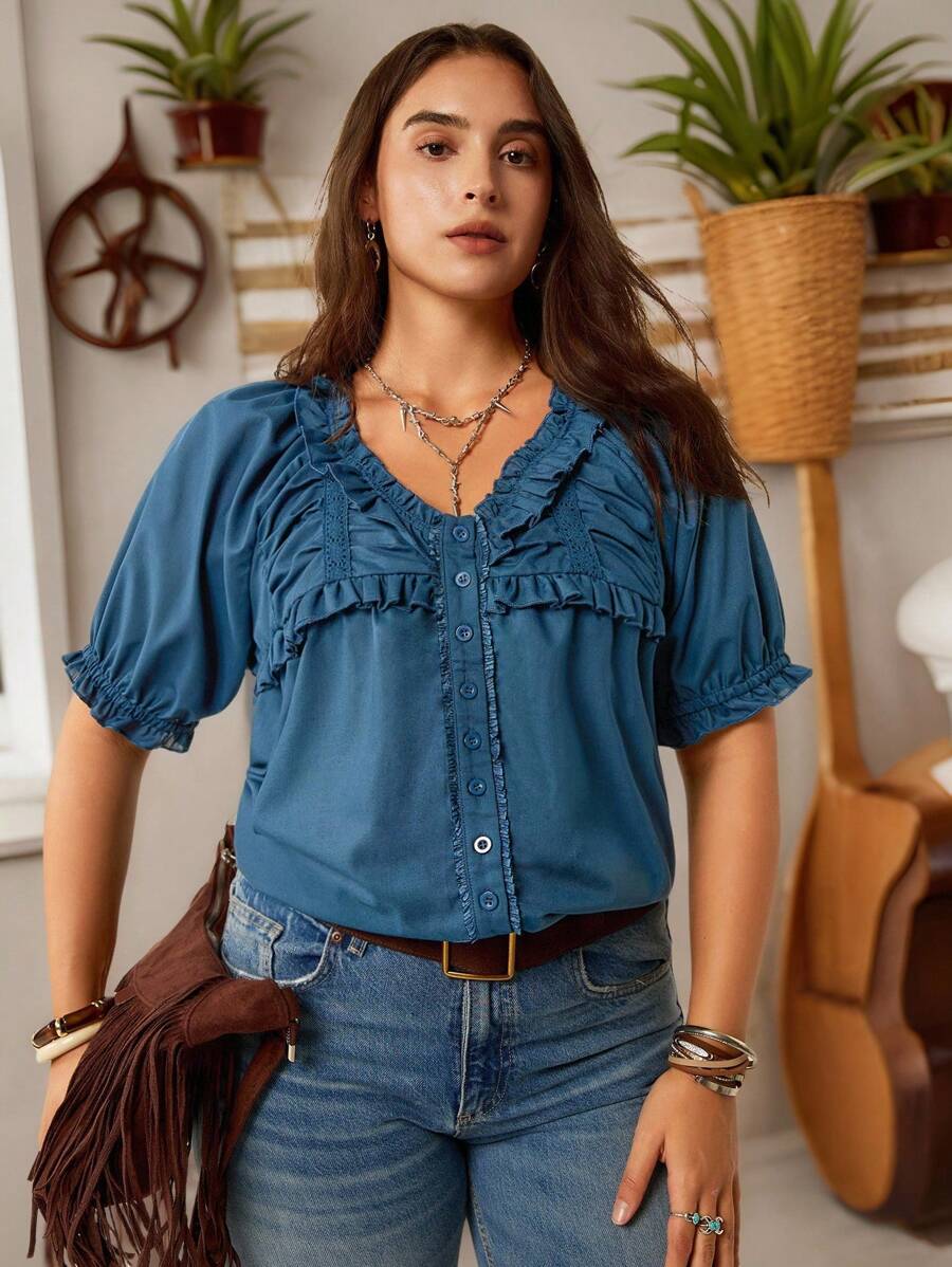 SHEIN LUNE Plus Size Women Slouchy Casual Style Summer Fourth Of July Women Cozy Fit Sweet Blouse Holiday Teacher Boho Graduation Blouse Beach Vacation - Blue - View 1
