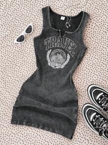 SHEIN Teen Girls' Street, American, Casual, Sports, Back To School Season, English Letter Print Knitted Elastic Fitted Snug Fit Dress Grunge Dress Travel Dress Ribbed Tank Dress Graphic Dress Acid Wash Dress - Multicolor - View 8