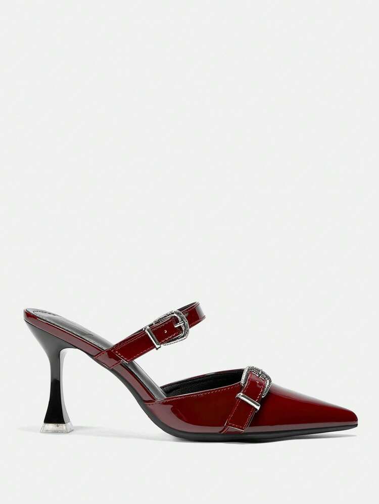 CUCCOO CURVES Plus Size Wide Width High Heel Pointed Toe Shoes 9CM Platform Elegant Sexy Burgundy Strap Buckle Decor, Daily, Work, Vacation, Summer Sandals