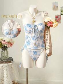 SHEIN Swim 随机彩色海洋印花荷叶边领带和可调节宽肩带上衣和侧系带三角形比基尼下装，2025 年新款海滩度假休闲女式比基尼套装