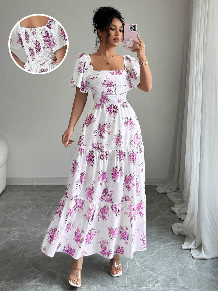 Elenzga 全新春夏法式优雅紫色碎花褶皱泡泡袖飘逸裙连衣裙