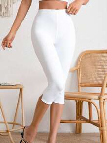 SHEIN LUNE Quần legging co giãn màu trơn thường ngày dành cho nữ - trắng - Xem 6