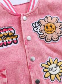 年轻女孩长袖粉色运动夹克，复古美式街头风格设计！粉色拼色条纹罗纹泰迪熊刺绣衣领，适合郊游、约会、校园、日常穿着、旅行、与朋友聚会和派对 - 打造酷炫女孩造型！ - 粉色 - 查看 6