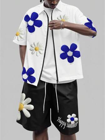 Street Life 2 piezas Conjunto de ropa de verano casual para hombre con camisa de manga corta estampado floral y pantalones cortos