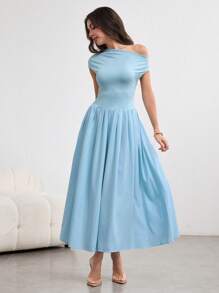 Modelyn Women's Elegant Soft Charm Light Blue Long Dress With Asymmetrical Shoulder Ruffled Hem - Mint Blue - View 3