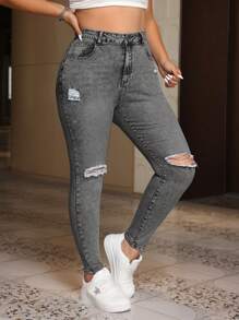 SHEIN EZwear 加大高腰破洞修身牛仔褲