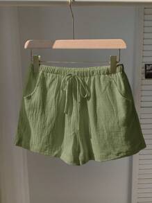 SHEIN EZwear 素色腰上打結闊腿短褲 - 綠色 - 查看 7