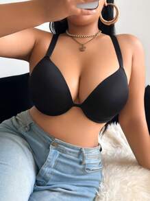 DesireSculpt 1 件大码女士纯色钢圈低胸文胸，黑色，提升 - 黑色 - 查看 3