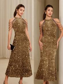 Aveloria Rosie Đầm yếm gợi cảm sang trọng cao cấp mới với vải sequin tinh xảo, thiết kế nhiều dây xích, thắt eo, không tay, thích hợp cho tiệc tùng, ngày lễ tình nhân, mùa xuân/hè - Vàng - Xem 8
