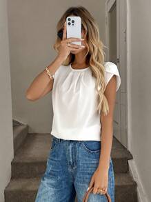 Easowa Plicated Detail Petal Sleeve Blouse,Short Sleeve Tops - White - View 5