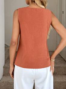 Easowa Solid Button Detail Asymmetrical Neck Sleeveless Blouse - Redwood - View 2