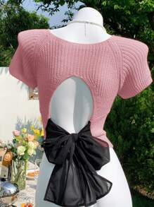 Comfortcana 女士圆领插肩袖后绑带短袖针织毛衣