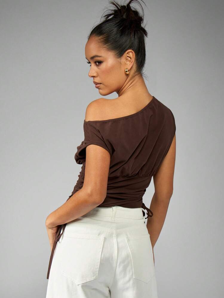 Missguided x Playboy One Shoulder Rouched Side Top Varsity Number Design Fitted Gathered Casual Club Dance Festival Top
