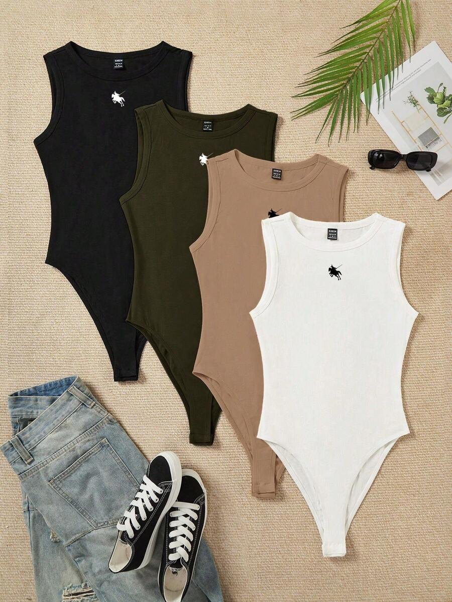 SHEIN EZwear 4pcs Women Casual Minimalist Small Horse Logo Printed Round Neck Bodysuit - Multicolor - View 1