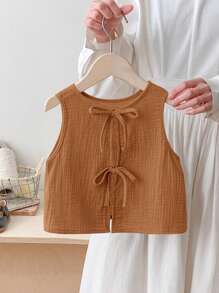 SHEIN LMoss Kids 夏季可爱棕色蝴蝶结后背休闲背心，适合女宝宝 - 棕色 - 查看 8